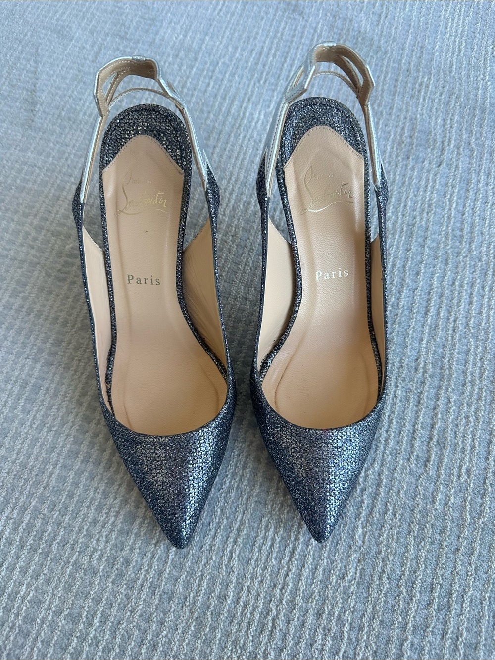 Christian Louboutin Silver Glitter Slingback Pointed-Toe Pumps (size 39)